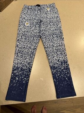 Cynthia Rowley Scuba Knit Floral Pants Blue White Daisy Print